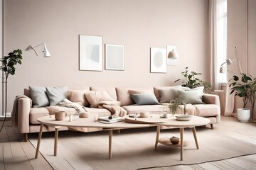 Picture a serene Scandinavian living room featuring a comfortable sofa and coffee table arrangement, a soft pastel color palette, and an empty wall providing the perfect space for personalization.