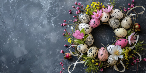 Easter wreath: with Easter decorations such as eggs, flowers and ribbons.