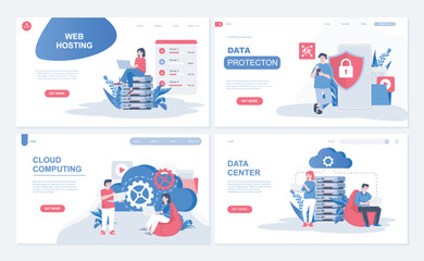 Fototapeta na wymiar Cloud computing and web hosting concept for landing page in flat design. Users computing online and datacenter service with data protection. Vector illustration with people characters for homepage