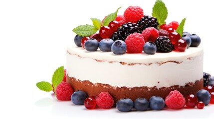 Cheesecake with berries isolated 3D close up, decorated cutout minimal isolated on white background, realistic cheesecake, icon, detailed. Grocery product advertising.