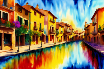 Fototapeta na wymiar A watercolor town. Italy, Spain, France. Watercolor Painting of a Serene Mediterranean Town. Generative AI