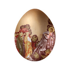 Post-Resurrection appearances of Jesus. The earthly appearances of Jesus to his followers after his death, burial, and resurrection. Easter egg in Byzantine style on white background