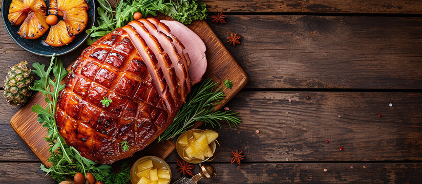 Easter ham is made with brown sugar, honey, mustard, and sometimes cloves or pineapple.