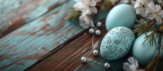 Easter eggs on a natural wooden background, feathers, birds and flowers, silver and gold.