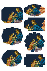 Jesus Christ with kids. Deep blue religious gift tags in Byzantine style on white background