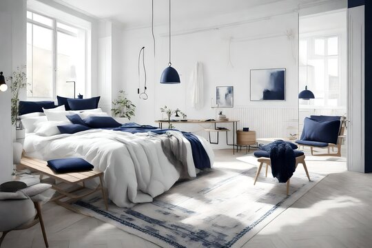 Nordic-inspired bedroom with navy blue details, showcasing simplicity and sophistication in a calming white setting.