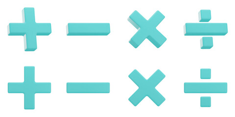 Fototapeta premium Set of turquoise mathematical symbols with transparent background, PNG, Isolated, Turquoise, 3d mathematical symbols