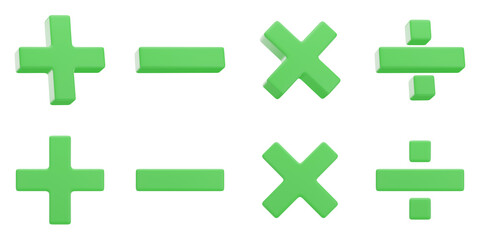 Set of green mathematical symbols with transparent background, PNG, Isolated, Green, 3d mathematical symbols