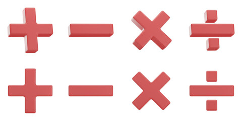 Set of red mathematical symbols with transparent background, PNG, Isolated, Red, 3d mathematical symbols