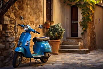 Timeless appeal of a blue scooter parked on the cobblestone streets of an Italian village, capturing the essence of a leisurely afternoon in a quaint setting