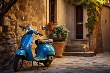 Photo sur Aluminium Scooter Timeless appeal of a blue scooter parked on the cobblestone streets of an Italian village, capturing the essence of a leisurely afternoon in a quaint setting