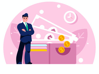 Rich businessman. Businessman stands with arms crossed on chest. Standing confident man in a suit and tie. Background with big wallet with credit cards, banknotes and coins. Vector graphics