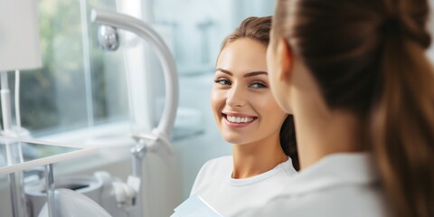 Fototapeta premium A woman and dentist examine smile after teeth cleaning and orthodontic consultation.