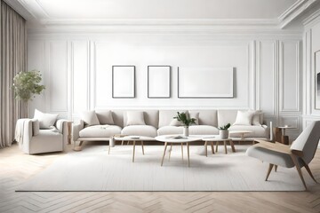 Revel in the elegance of a minimalist living room, showcasing a white blank frame against a backdrop of Scandinavian-inspired design, in a flawless 3D rendering.