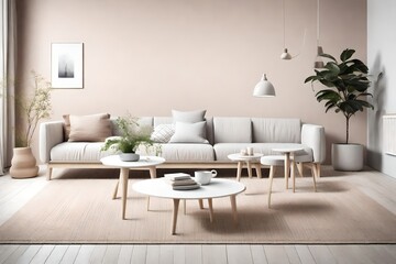 Embrace the simplicity of Scandinavian design a?" a serene living room featuring a basic sofa and coffee table against an empty wall mock-up in soothing pastel colors.