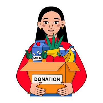 Woman holds a box with things for donation. Help. Food. Fruits, vegetables, cereals, herbs, milk, water. Vector graphics.