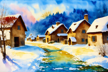 A watercolor village. Tranquil Serenity. Watercolor Painting of a Rustic Village. Generative AI