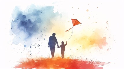 Celebrate Father's Day with a charming watercolor card featuring a father and son flying a kite 