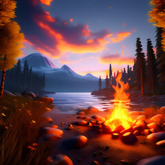 Campfire in the forest, ai-generatet