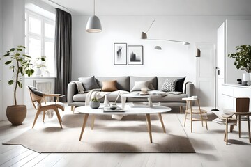 A modern and airy living space adorned with simple furniture, a chic chair, and table, against a clean backdrop in Scandinavian style.