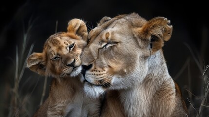 Obraz premium PredatorÂ´s love. Lioness and cub in the Kruger 