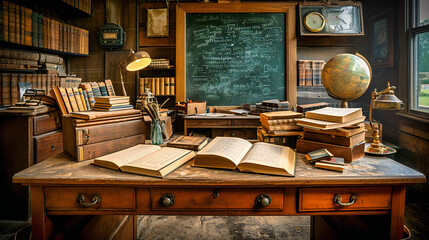 A vintage classroom setting with antique wooden desks and a blackboard, evoking the charm and...