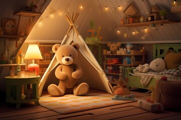Tranquil kindergarten room during the night, featuring an array of toys, a friendly teddy bear, and...