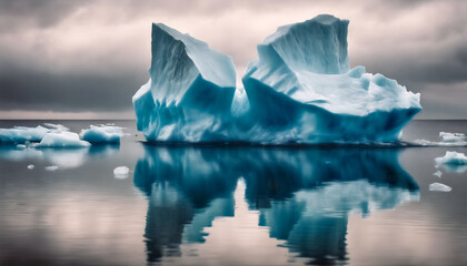 Sinfonia Glaciale- Imponente Iceberg Riflesso nel Mare in una Giornata Nuvolosa - obrazy, fototapety, plakaty