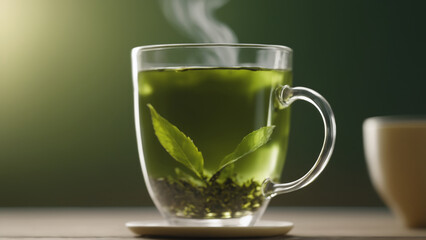Obraz na płótnie Canvas glass Cup with green tea in green blur bokeh background. AI generated