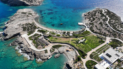 Aerial drone photo of paradise secluded beach and bay of Agios Vasileios located in long peninsula...