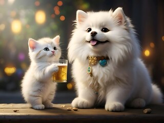 Whimsical Whiskers and Cheers A Lucky Cat's Toast with a Playful Pup