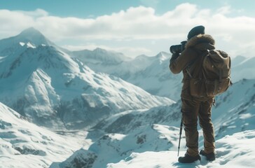 Fototapeta na wymiar Winter Explorer Photographing Snowy Mountain Ridges