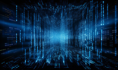 Digital binary data in blue hues on a computer screen illustrates technological complexity and data processing advancements in a visually captivating manne - obrazy, fototapety, plakaty