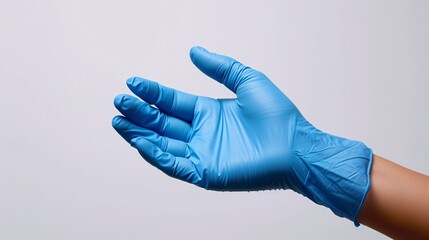 Close-up of person wearing blue rubber gloves holding an object against a white backdrop.