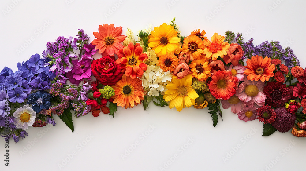 Wall mural Summer flowers rainbow colored arch on a white background