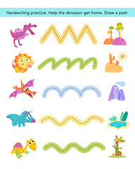 Handwriting practice. Cute dinosaurs and home. Puzzle game for preschool children. Activity for kids. Cartoon vector illustration.