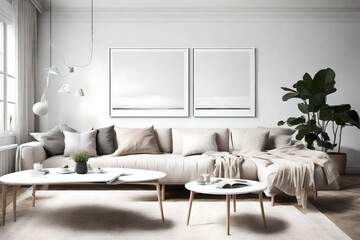 Experience the serenity of a Scandinavian-inspired living space, showcasing a minimalist sofa, an empty wall, and a white blank frame for a touch of individuality.