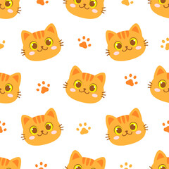 Orange Cat seamless pattern background vector illustration. Cute Ginger cat on white background