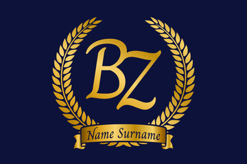 Initial letter B and Z, BZ monogram logo design with laurel wreath. Luxury golden calligraphy font.