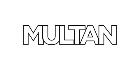 Multan in the Pakistan emblem. The design features a geometric style, vector illustration with bold typography in a modern font. The graphic slogan lettering.
