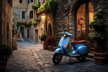 Tranquil setting of a small Italian village, featuring a blue scooter casually parked along the cobblestone streets, radiating a timeless appeal