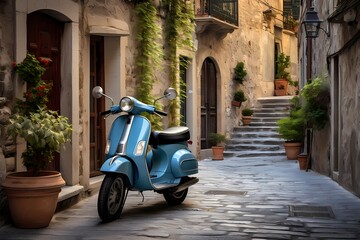 Tranquil setting of a small Italian village, featuring a blue scooter casually parked along the...