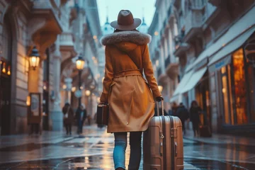 Foto op Plexiglas A female traveler with luggage exploring a European city. © ckybe