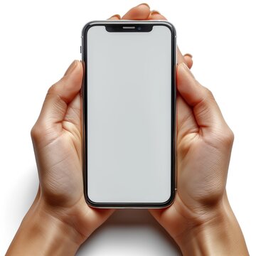 Pantalla blanca m&oacute;vil sujetada por ambas manos, fondo blanco, propio para cartelera, publicidad, anuncios, descuentos, promociones, apuntes, advertencias, recurso gr&aacute;fico, tecnolog&iacute;a, ciencia datos