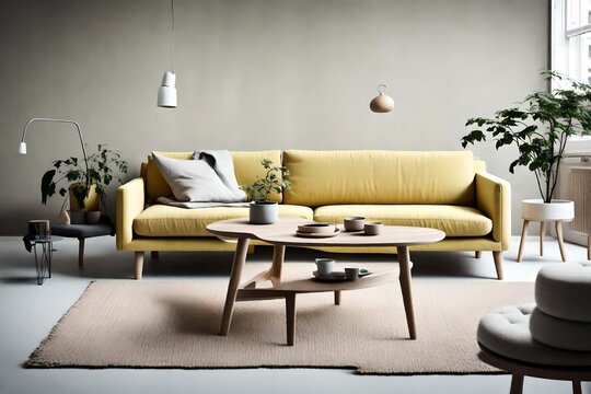 Calm and collected - a pastel yellow sofa and a wooden coffee table in a minimalist Scandinavian living space with an empty dove gray wall.