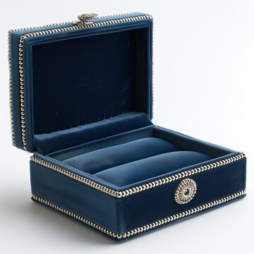 Estuche para sortijas o juntas, dijes, broches, joyas peque&ntilde;as, forrado en terciopelo azul, ribete de plata, con cierre bot&oacute;n, fondo blanco, recurso gr&aacute;fico, joyer&iacute;as, pedida de mano, matrimonio, aros