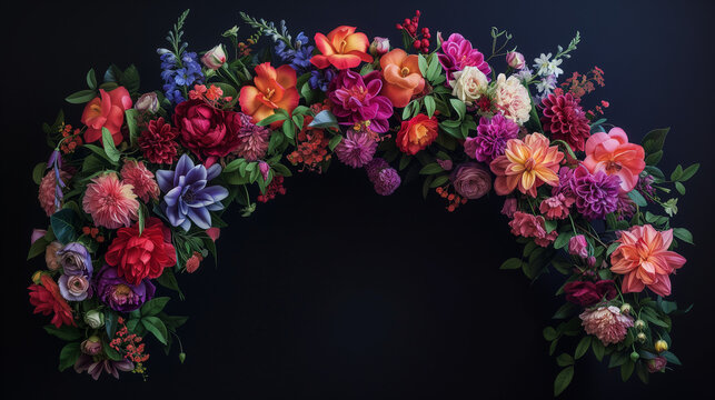Summer flowers arch on a black background