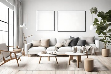 Delight in the simplicity of a minimalist living room, adorned with Scandinavian design elements, an empty wall mockup, and a white blank frame poised for customization.