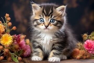 A cute fluffy kitten with blue eyes looks at the camera.