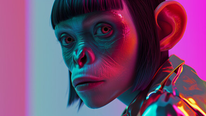 A closeup portrait of anthropomorphic hyperrealistic female monkey with human eyes wearing shiny latex jacket against a vibrant gradient neon background